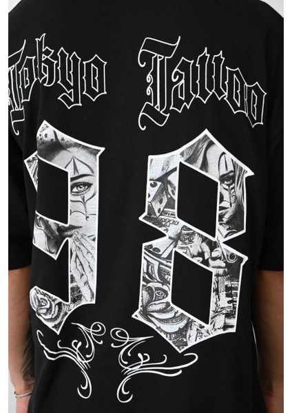 Unisex Baskılı Oversize T-Shirt - Siyah fırsatları