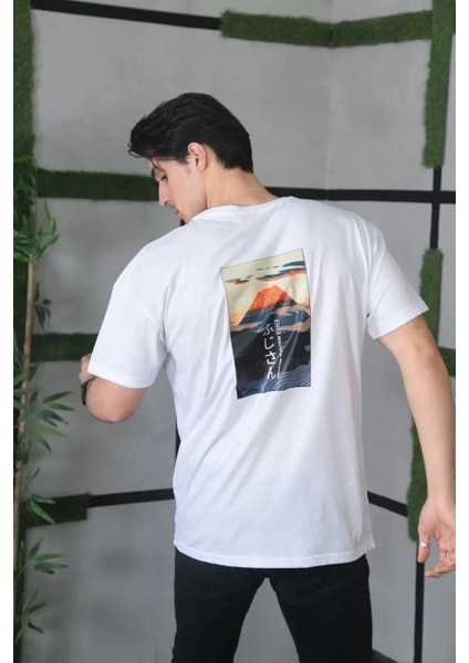 Unisex Bisiklet Yaka Baskılı Oversize T-Shirt - Beyaz modelleri