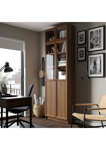 Cam kapaklı kitaplık, kahverengi ceviz görünüm, 80x30x237 cm fırsatları