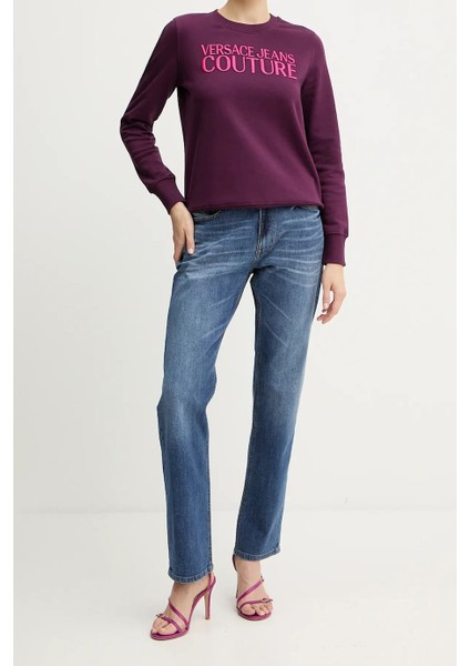 Kadın Regular Fit Nakışlı Yazı Logolu Bisiklet Yaka Sweatshirt - Mor modelleri