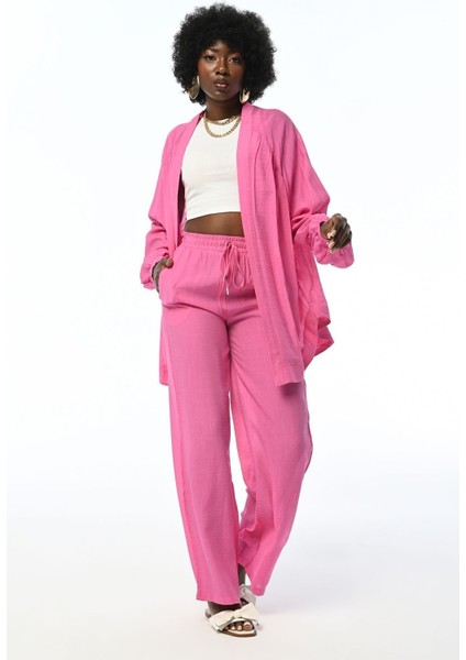 Kadın Rahat Kalıp Bol Paça Beli Lastikli Düz Renk Pantolon modelleri