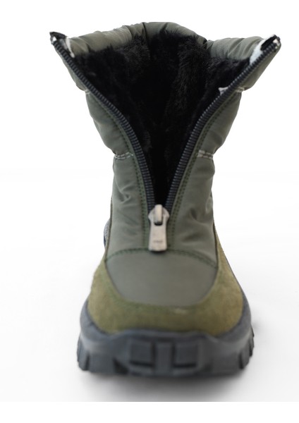 Unisex Çocuk Fermuarlı Kapitone Kalın Tabanlı Kar Botu - Haki