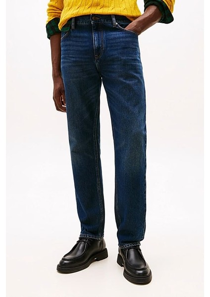 Erkek Regular Fit Düz Paça Eskitme Görünümlü Jean Pantolon - Lacivert