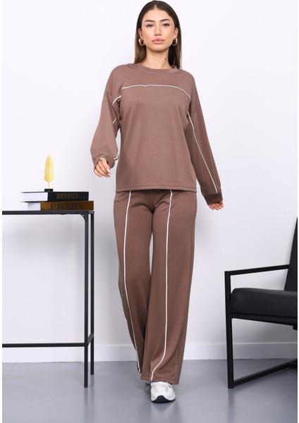 Kahverengi Biye Detaylı Sweat Pantolonlu Takım