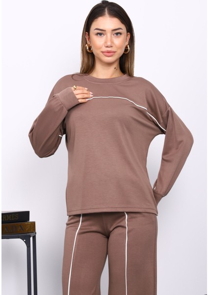 Kahverengi Biye Detaylı Sweat Pantolonlu Takım modelleri