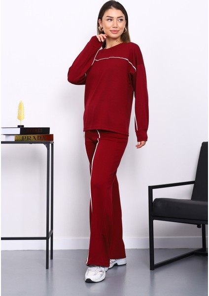 Bordo Biye Detaylı Sweat Pantolonlu Takım