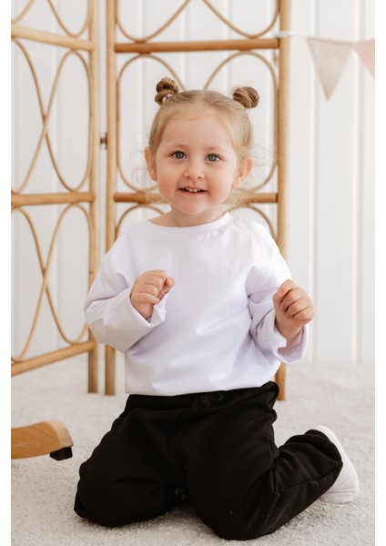 Uzun Kollu ve Pamuklu Beyaz Tişört Kız Çocuk