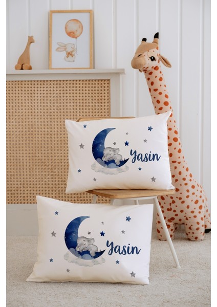 %100 Pamuk Isme Özel 2li Ekru Bebek Yastık Kılıfı 35X45 Cm-Uykucu Fil