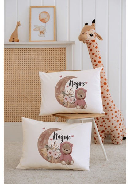 %100 Pamuk Isme Özel 2li Ekru Bebek Yastık Kılıfı 35X45 Cm-Ayıcık