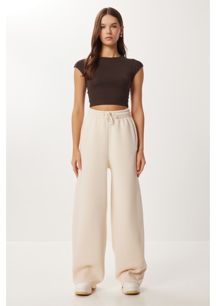 Nervürlü Şardonlu Örme Eşofman Altı LUB0289 Krem