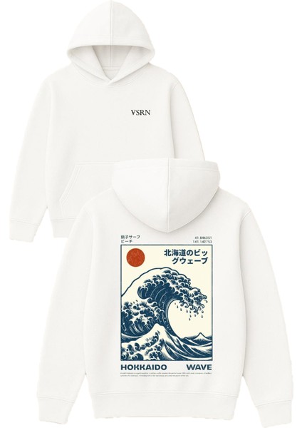 Hokkadıdo Wawe Tasarım Baskılı Oversize Beyaz Kapüşonlu Sweatshirt