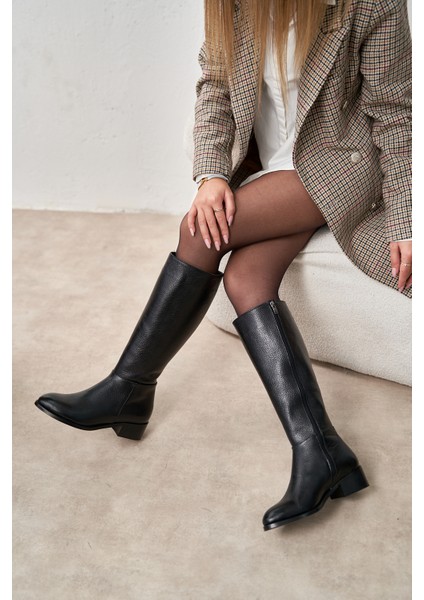 Anastasia Siyah Renkli Hakiki Deri Fermuarlı Kadın Çizme