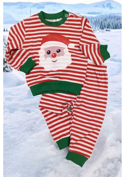 Yeni Yıl Bebek Takımı Noel Baba Desenli 2li Alt Üst Unısex Aylık Yılbaşı 3-6-9-12AY