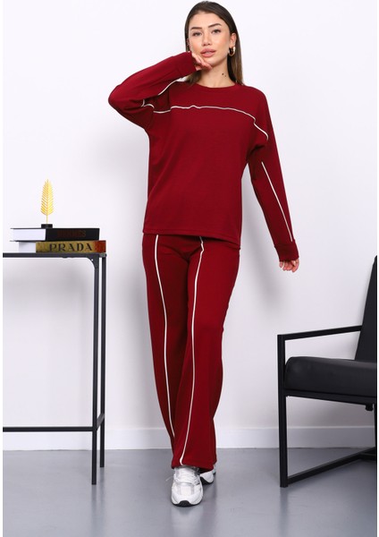 Bordo Biye Detaylı Sweat Pantolonlu Takım fiyatları