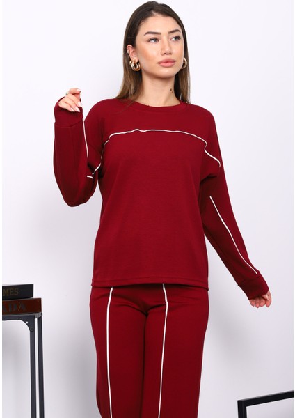 Bordo Biye Detaylı Sweat Pantolonlu Takım modelleri