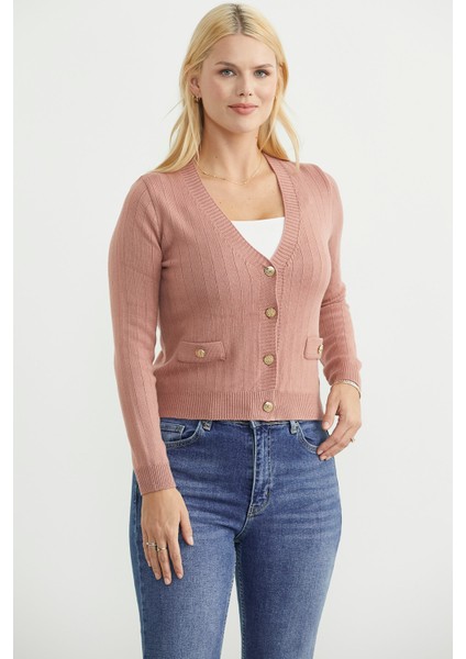 Cep Detaylı Düğmeli Triko Hırka - Gül