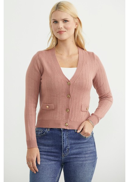 Cep Detaylı Düğmeli Triko Hırka - Gül fiyatları