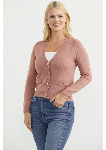 Cep Detaylı Düğmeli Triko Hırka - Gül modelleri