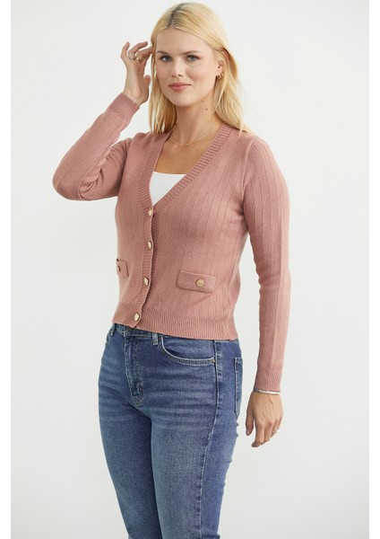 Cep Detaylı Düğmeli Triko Hırka - Gül fırsatları