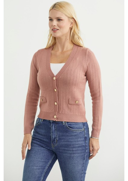 Cep Detaylı Düğmeli Triko Hırka - Gül indirimleri