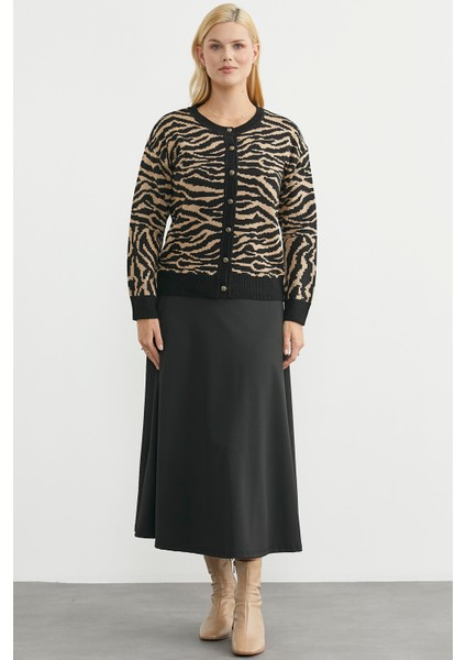 Desenli Sıfır Yaka Yünlü Triko Hırka - Siyah