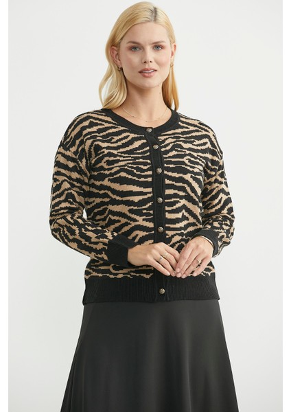 Desenli Sıfır Yaka Yünlü Triko Hırka - Siyah fiyatları