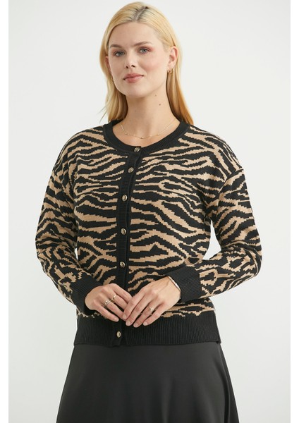 Desenli Sıfır Yaka Yünlü Triko Hırka - Siyah modelleri