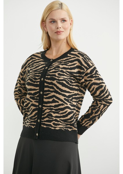 Desenli Sıfır Yaka Yünlü Triko Hırka - Siyah fırsatları