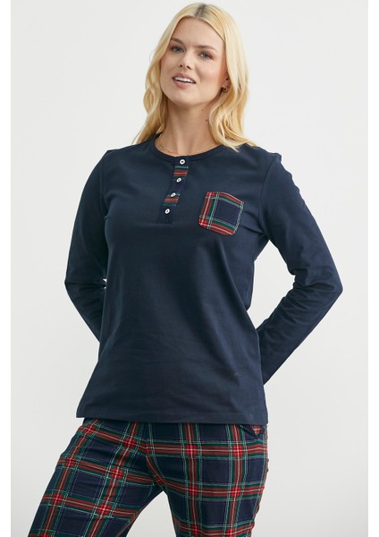 Düz Kombinli Ekose Pamuk Pijama Takım - Lacivert