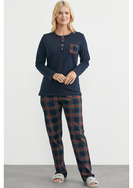 Düz Kombinli Ekose Pamuk Pijama Takım - Lacivert fiyatları