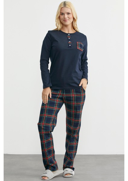 Düz Kombinli Ekose Pamuk Pijama Takım - Lacivert modelleri