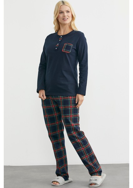 Düz Kombinli Ekose Pamuk Pijama Takım - Lacivert fırsatları