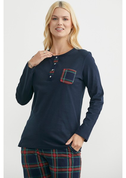 Düz Kombinli Ekose Pamuk Pijama Takım - Lacivert indirimleri