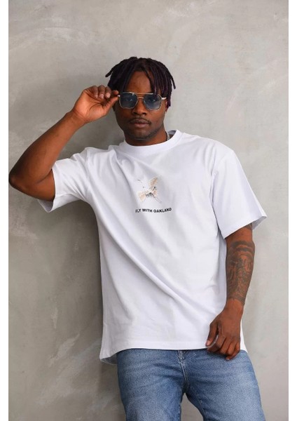 Unisex Baskılı Oversize T-Shirt - Beyaz fırsatları