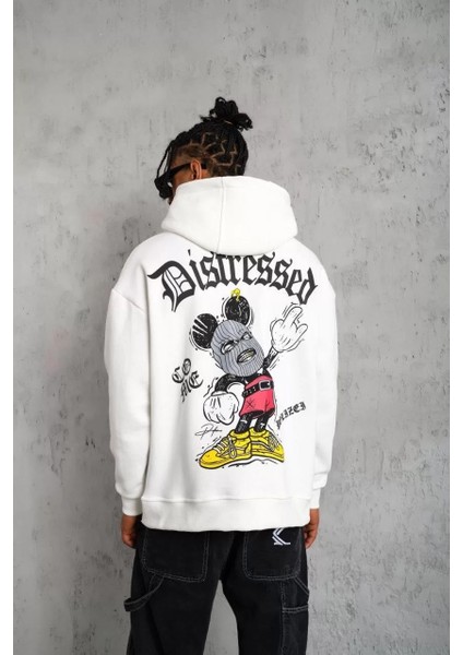 Erkek Üç Iplik Baskılı Kapüşonlu Sweat - Beyaz