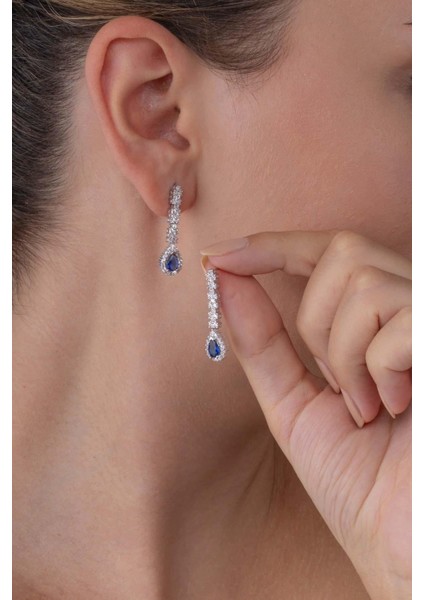 Safir Taşlı Damla Motifli Rodyum Kaplama Gümüş Küpe