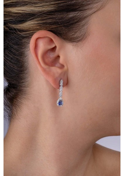 Safir Taşlı Damla Motifli Rodyum Kaplama Gümüş Küpe modelleri