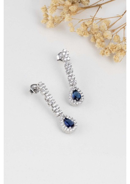 Safir Taşlı Damla Motifli Rodyum Kaplama Gümüş Küpe fırsatları