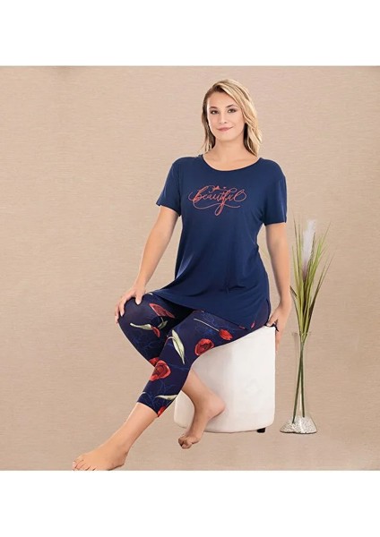 Lady Lingerie Kısa Kollu Çiçek Desenli Kapri Taytlı Kadın Takım