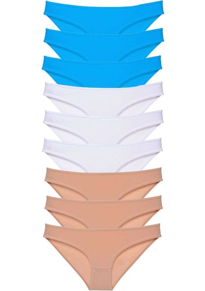 9 Adet Süper Eko Set Likralı Kadın Slip Külot Ten Beyaz Mavi