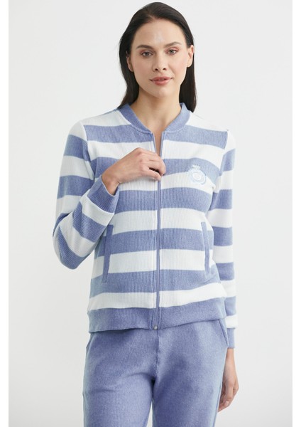Fitilli Çizgi Kombinli Pijama Takım - Mavi