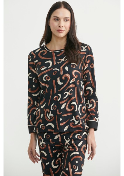 Yumuşak Dokulu Desenli Pijama Takım - Siyah modelleri