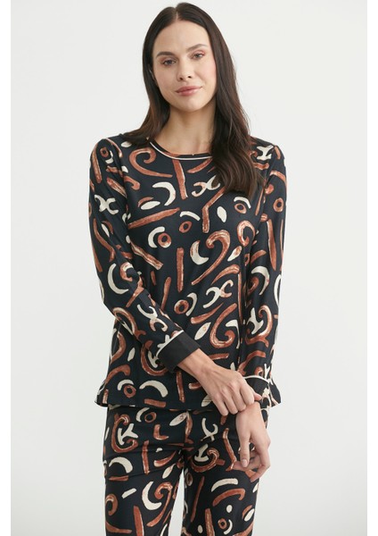 Yumuşak Dokulu Desenli Pijama Takım - Siyah indirimleri