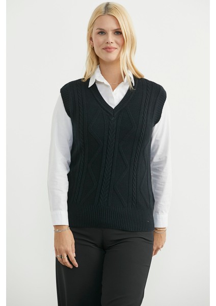 V Yaka Motifli Triko Süveter - Siyah fiyatları