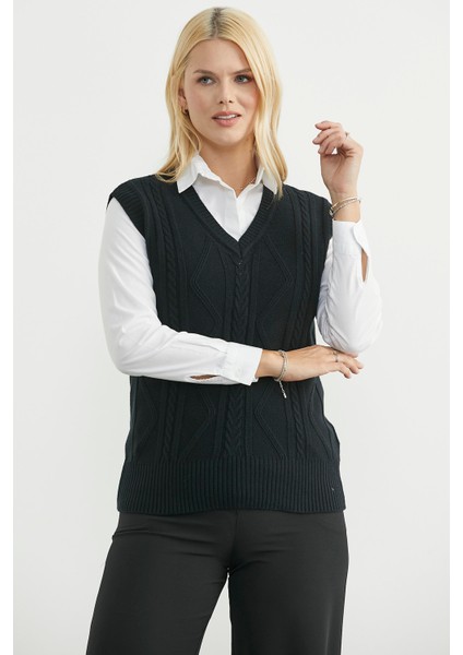 V Yaka Motifli Triko Süveter - Siyah modelleri