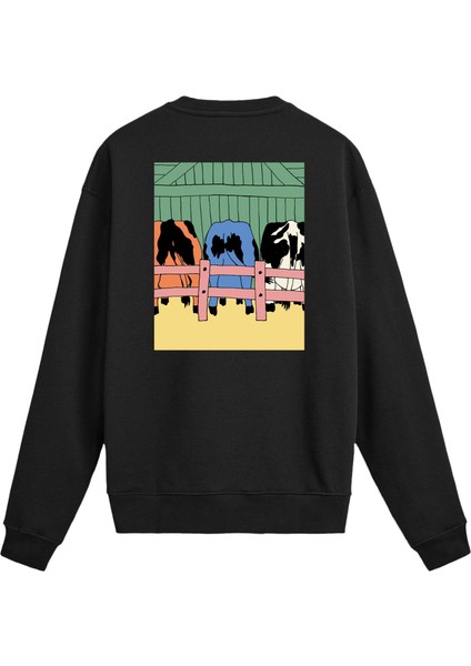 Sırt Baskılı Renkli Karikatür Inek Tasarımlı Sweatshirt