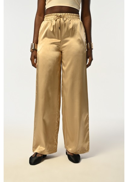 Kadın Beli Lastikli Bol Paça Saten Pantolon