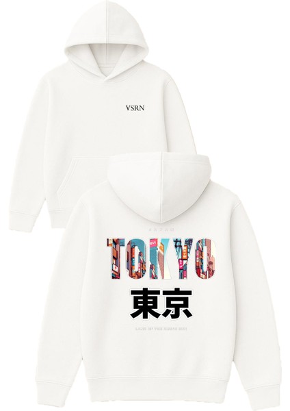 Tokyo Tasarım Baskılı Oversize Beyaz Kapüşonlu Sweatshirt
