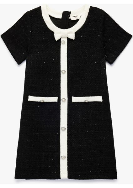 Bol Kalıp Bisiklet Yaka Düğmeli Kurdele Detaylı Kısa Kollu Elbise