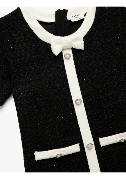 Bol Kalıp Bisiklet Yaka Düğmeli Kurdele Detaylı Kısa Kollu Elbise modelleri